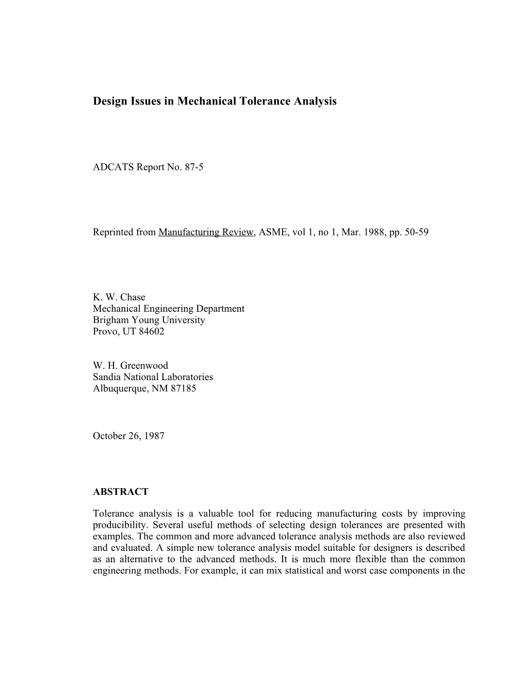 Design Issues in Mechanical Tolerance Analysis