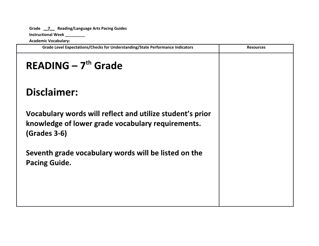 Grade __7__ Reading/Language Arts Pacing Guides