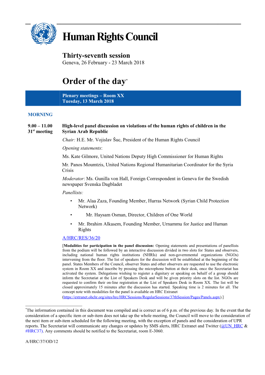 Order of the Day, Tuesday 13 March 2018