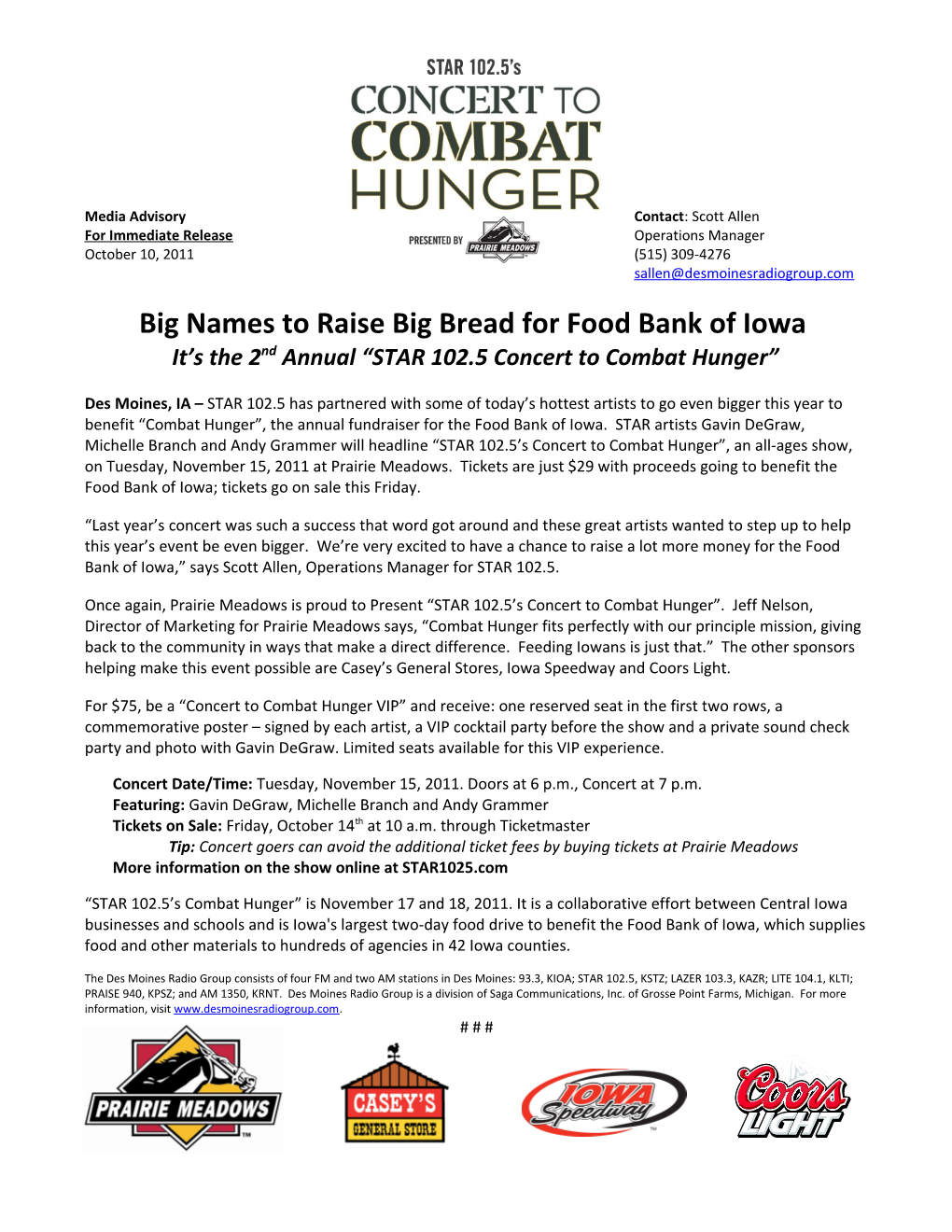 Big Names to Raise Big Bread for Food Bank of Iowa