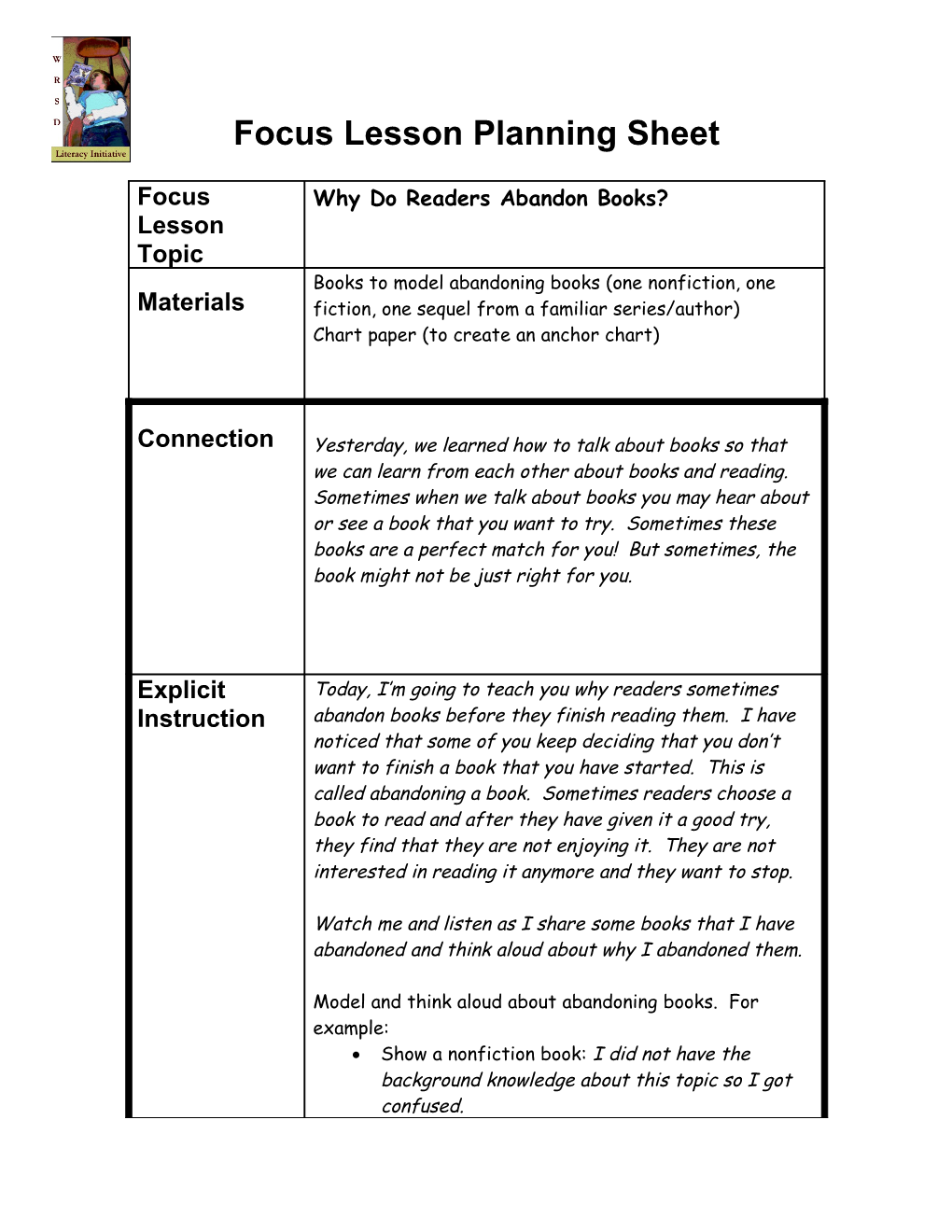 Focus Lesson Planning Sheet s3