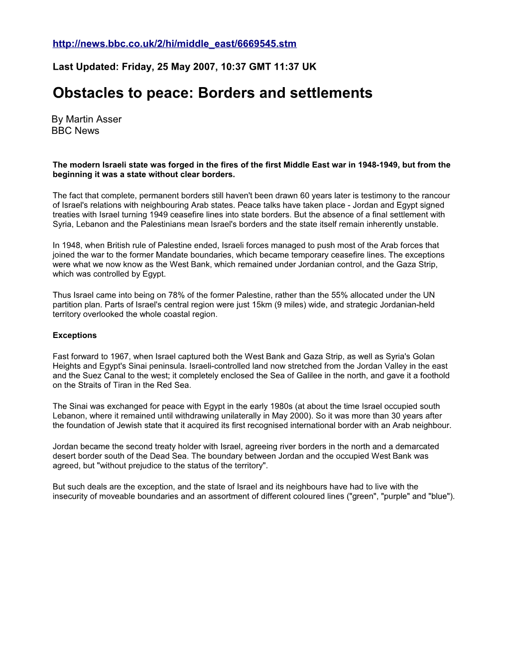 Obstacles to Peace: Borders and Settlements