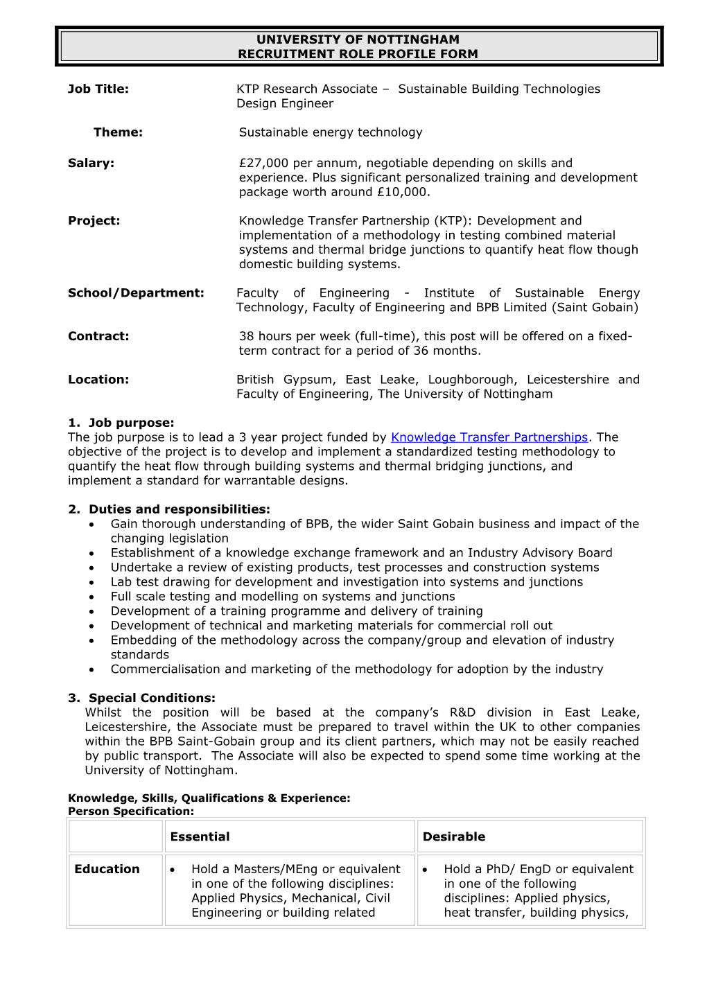 Job Title: KTP Research Associate Sustainable Building Technologies Design Engineer