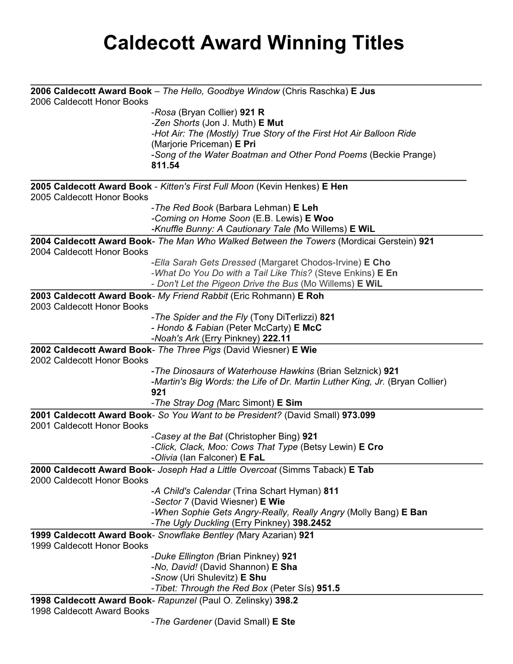 Caldecott Award Winning Titles