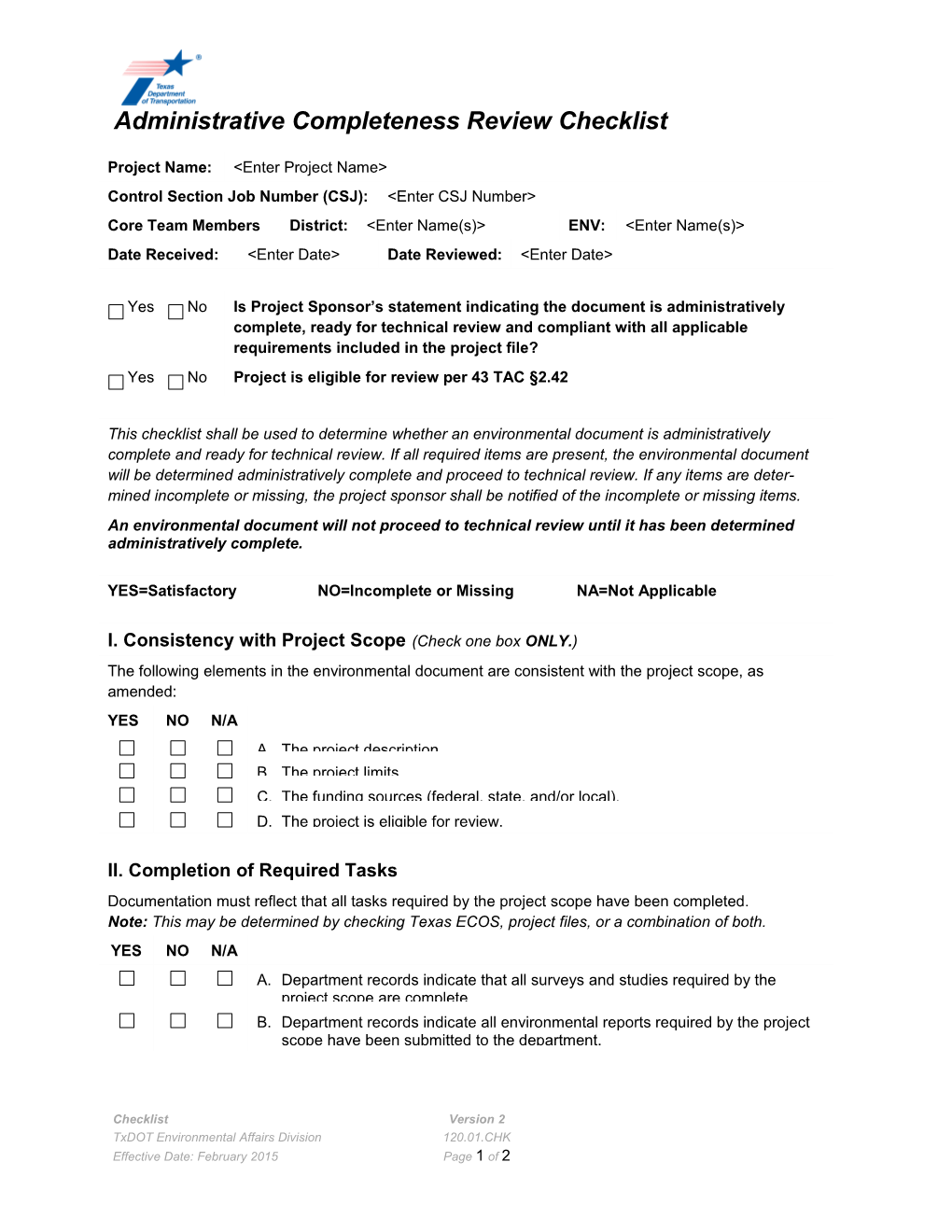 Administrative Completeness Review Checklist