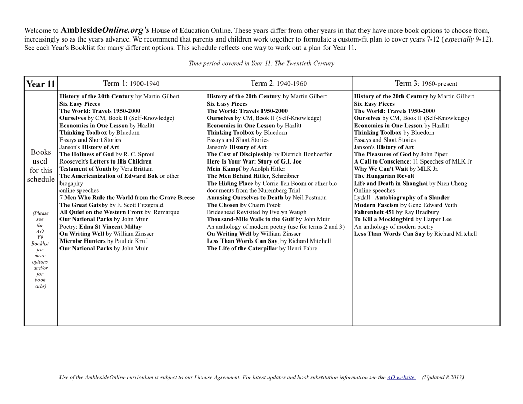 Time Period Covered in Year 11: the Twentieth Century