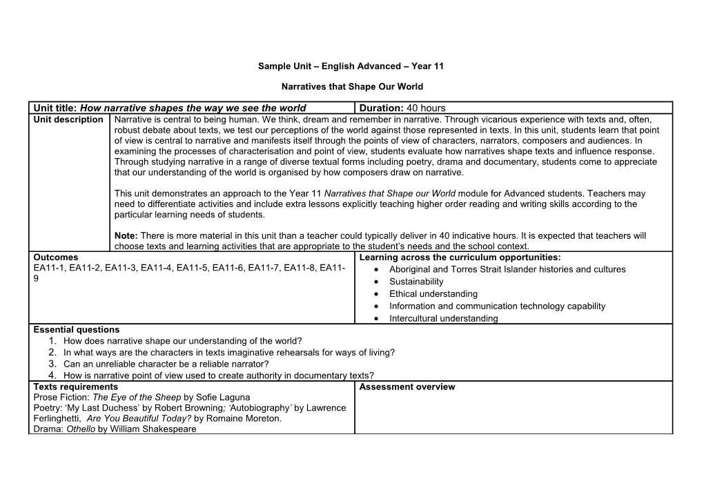 Sample Unit Year 11 English Advanced 'Reading to Write'