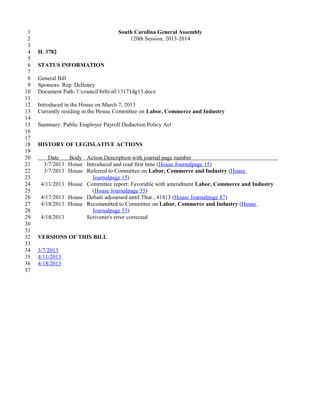 2013-2014 Bill 3782: Public Employer Payroll Deduction Policy Act - South Carolina Legislature