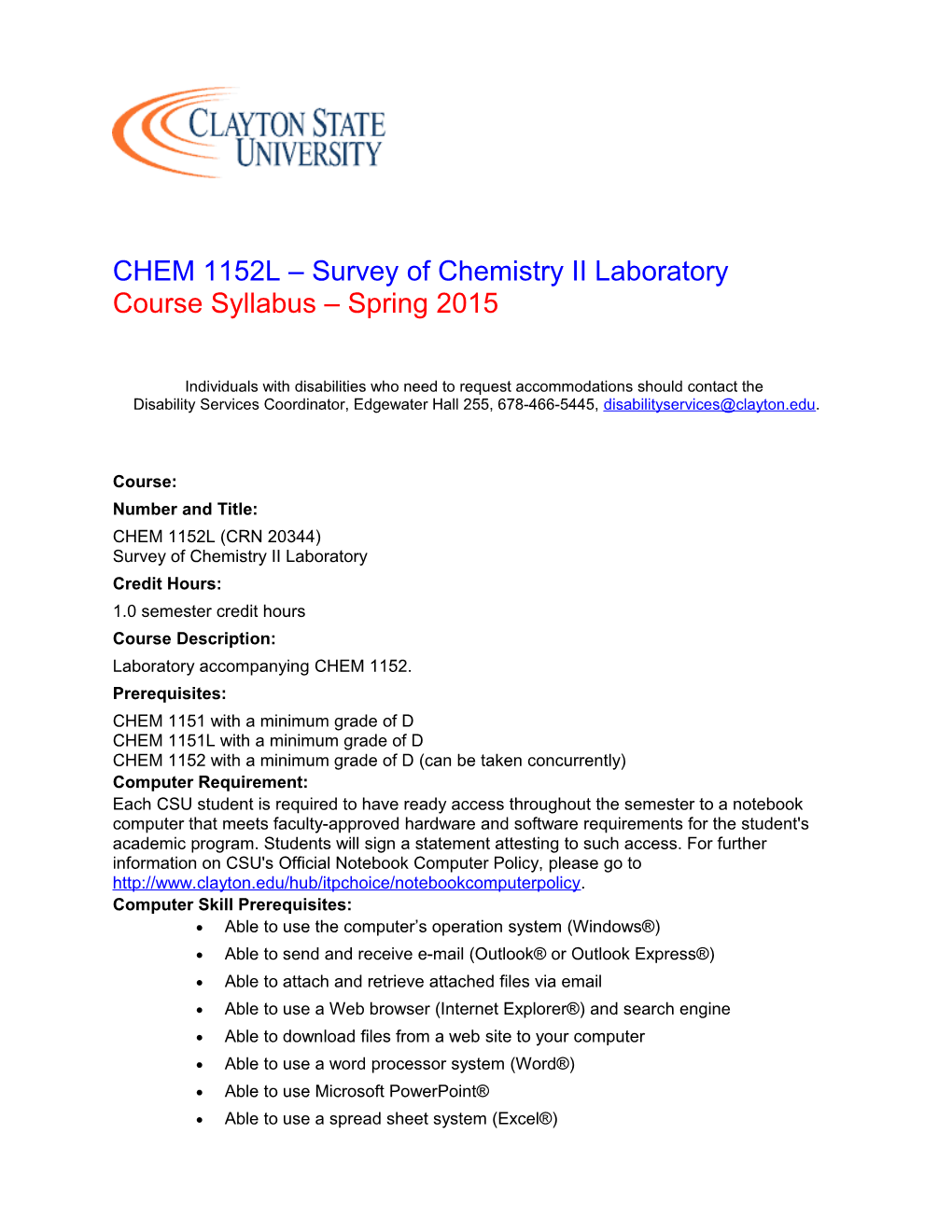 CHEM 1152L Survey of Chemistry II Laboratory Course Syllabus Spring 2015