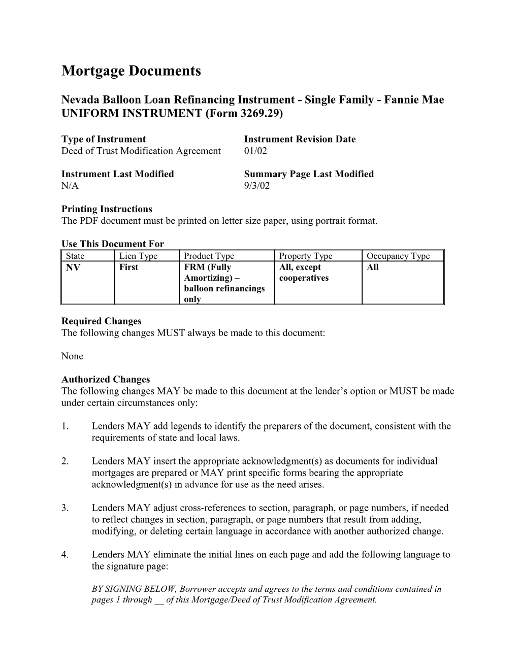 Summary: Nevada Balloon Loan Refinancing Instrument