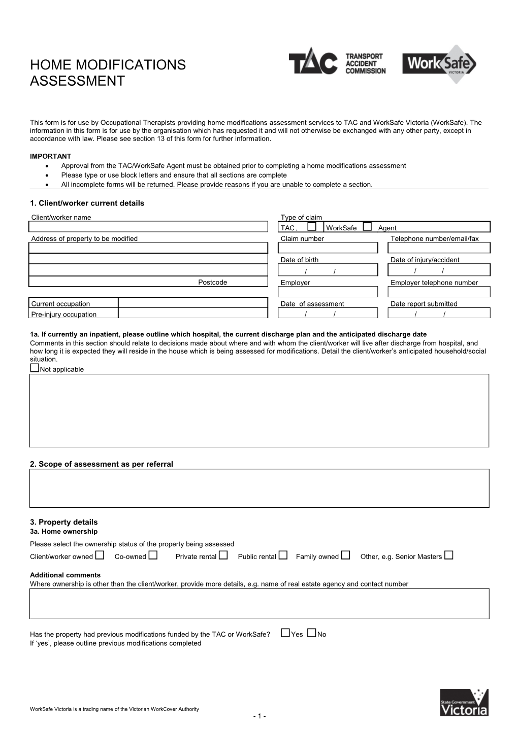 This Form Is for Use by Occupational Therapists Providing Home Modifications Assessment