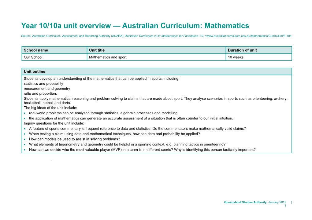 Year 10/10A Unit Overview Australian Curriculum: Mathematics