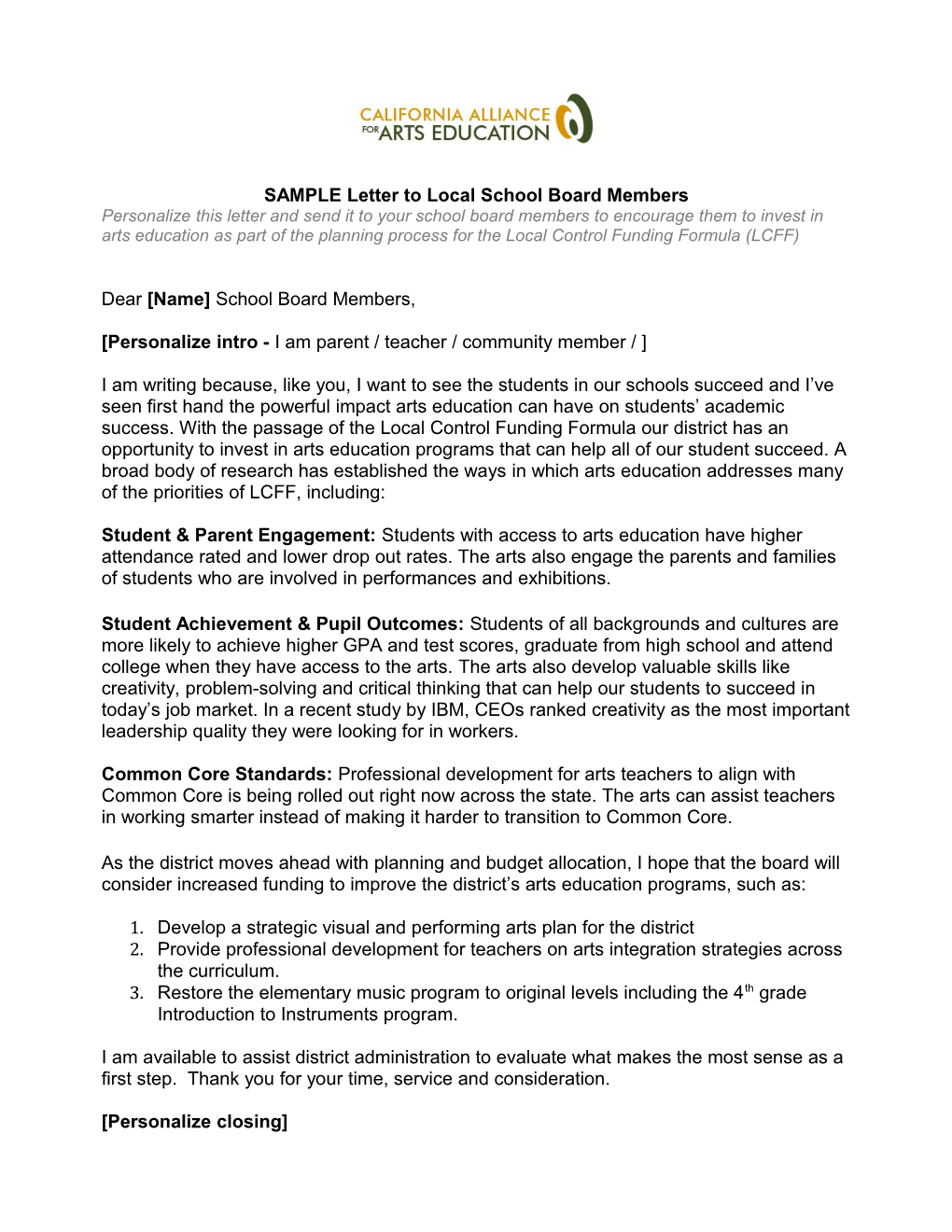 SAMPLE Letter To Local School Board Members