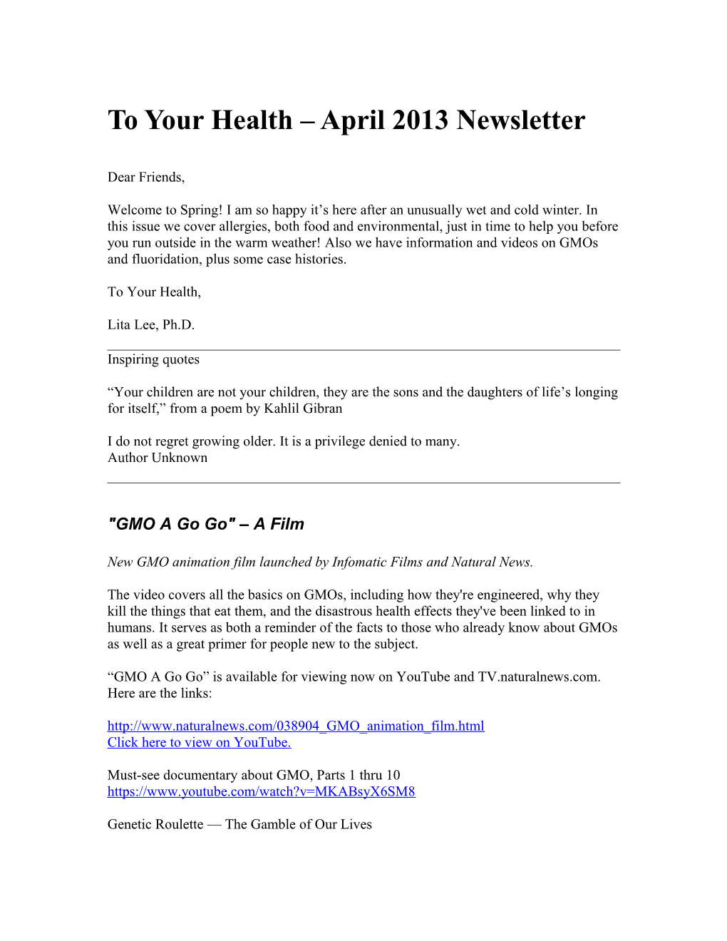 To Your Health April 2013 Newsletter