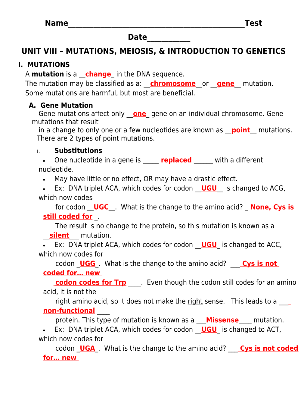 Unit Viii Mutations, Meiosis, & Introduction to Genetics