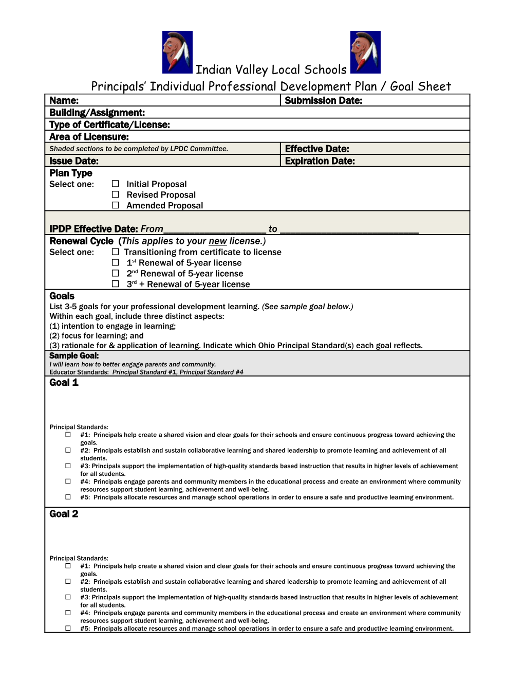 Principals Individual Professional Development Plan / Goal Sheet