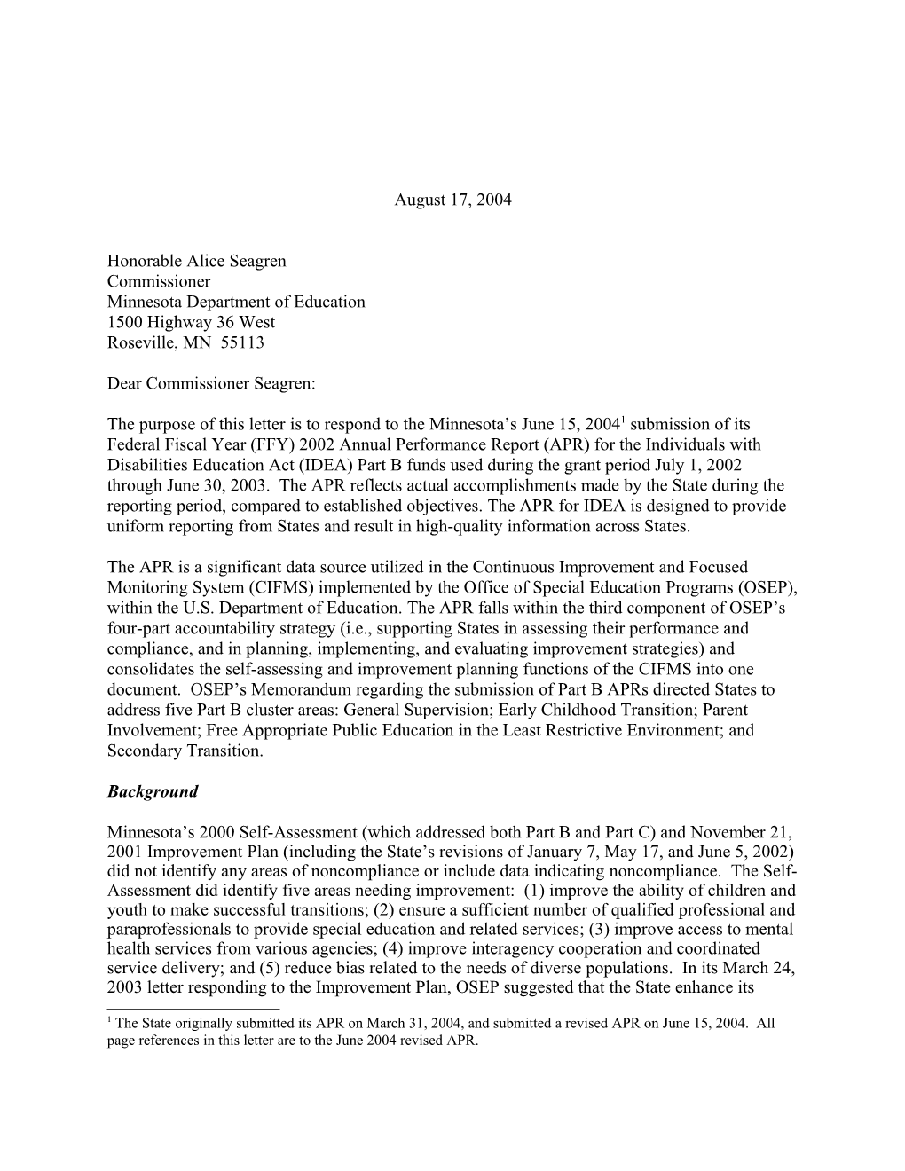 Minnesota Part B APR Letter, 2002-2003 (MS Word)