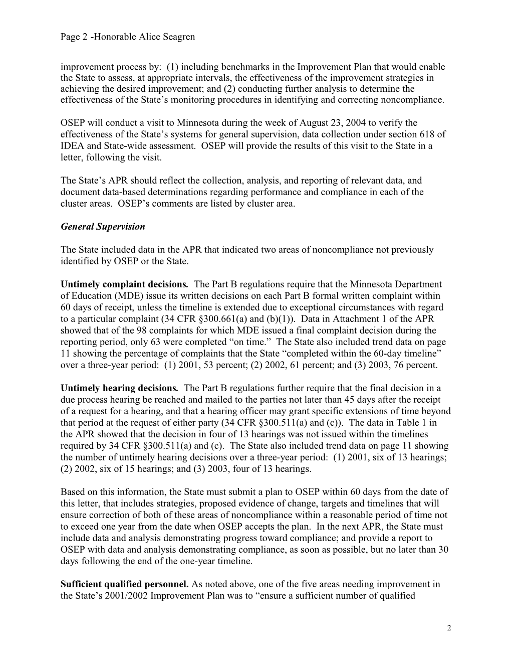 Minnesota Part B APR Letter, 2002-2003 (MS Word)