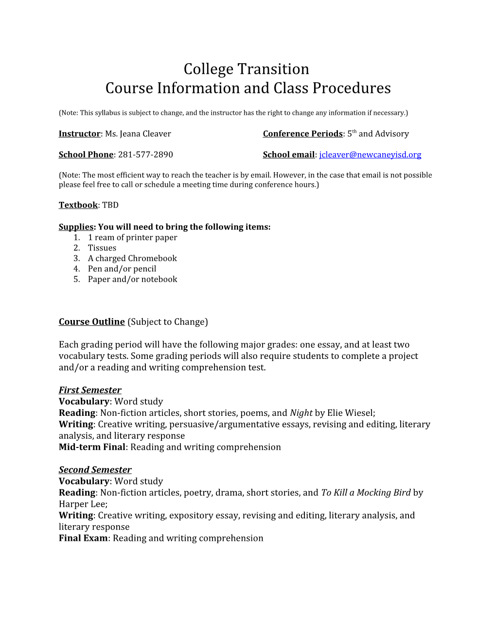 Course Information and Class Procedures