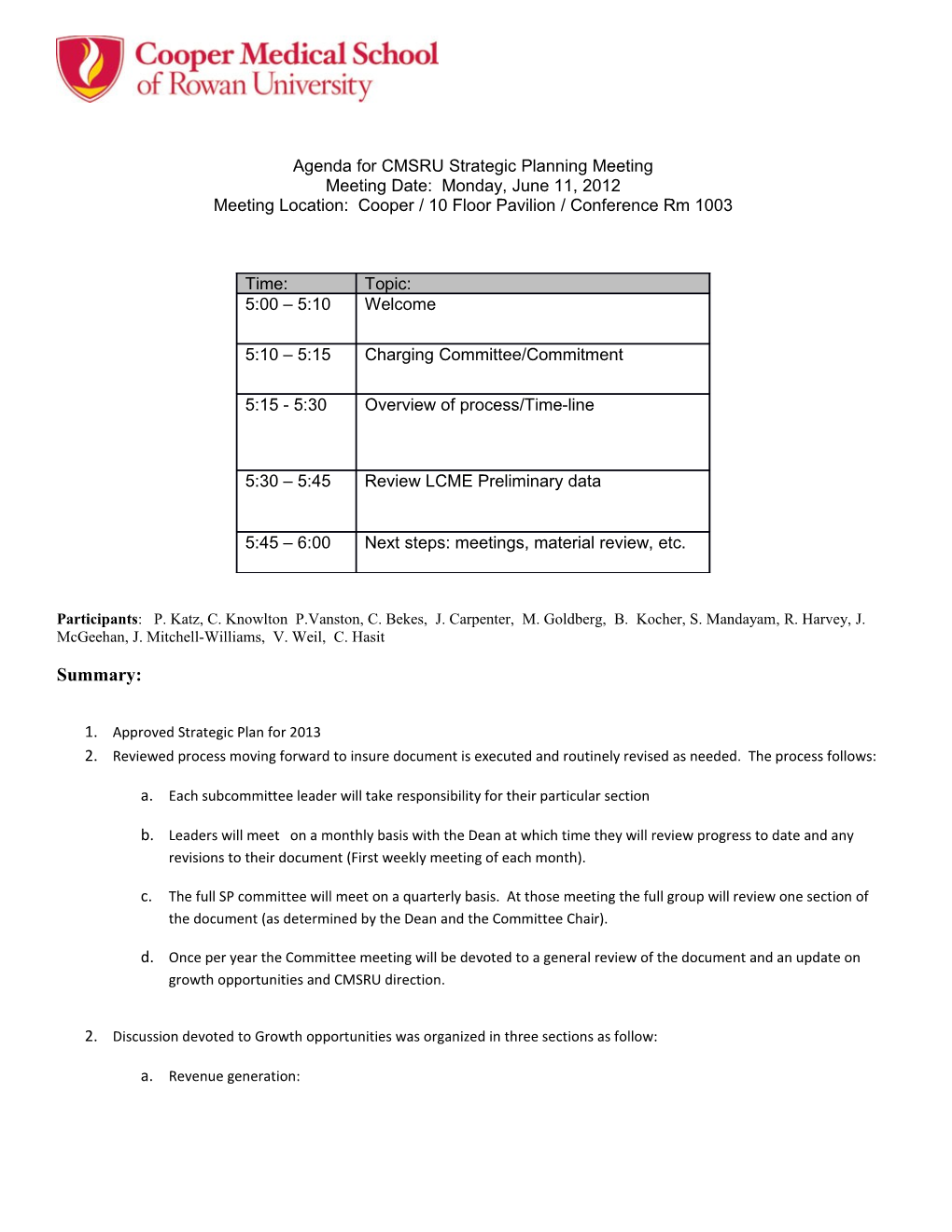 Agenda for CMSRU Strategic Planning Meeting