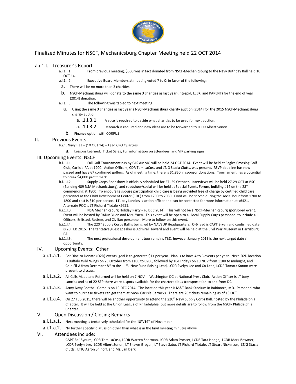 Finalized Minutes for NSCF, Mechanicsburg Chapter Meeting Held 22 OCT 2014