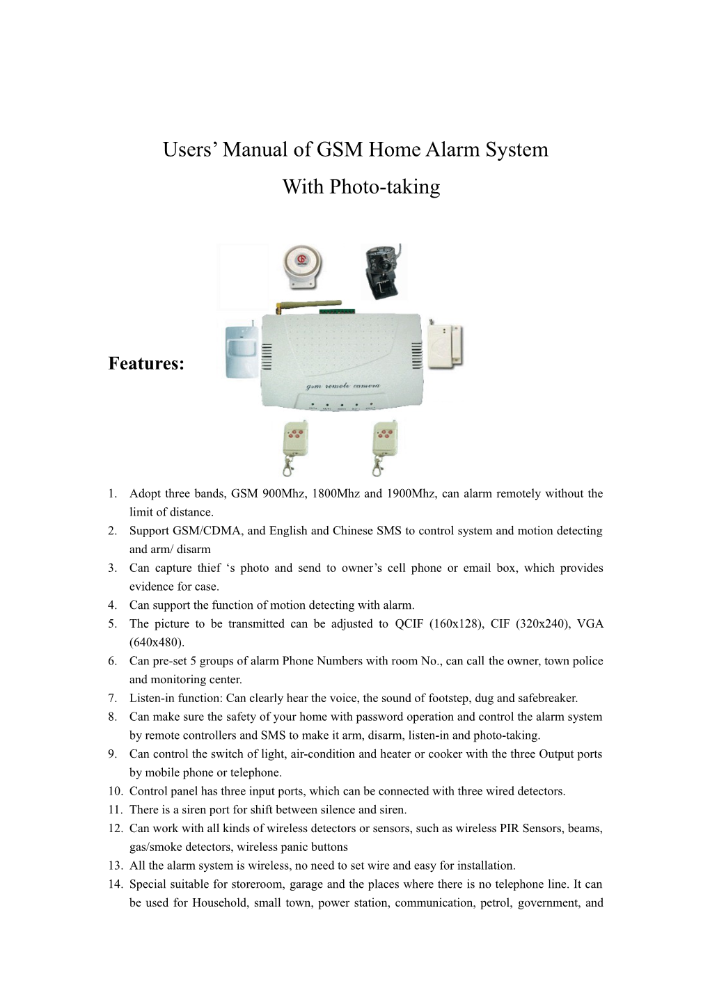 Users Manual of GSM Home Alarm System with Photo-Taken