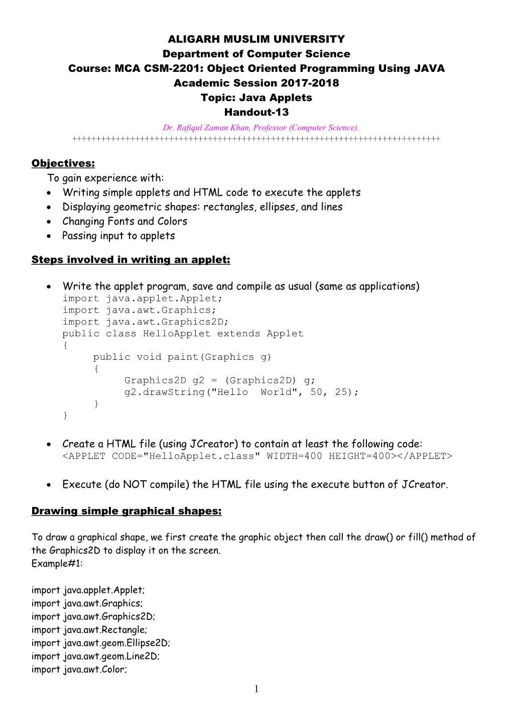 Course: MCACSM-2201: Object Oriented Programming Usingjava