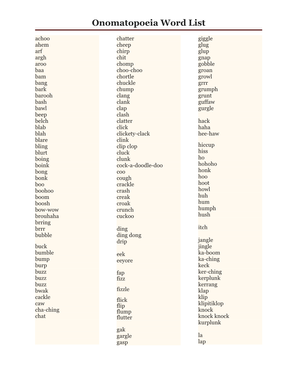 Onomatopoeia Word List