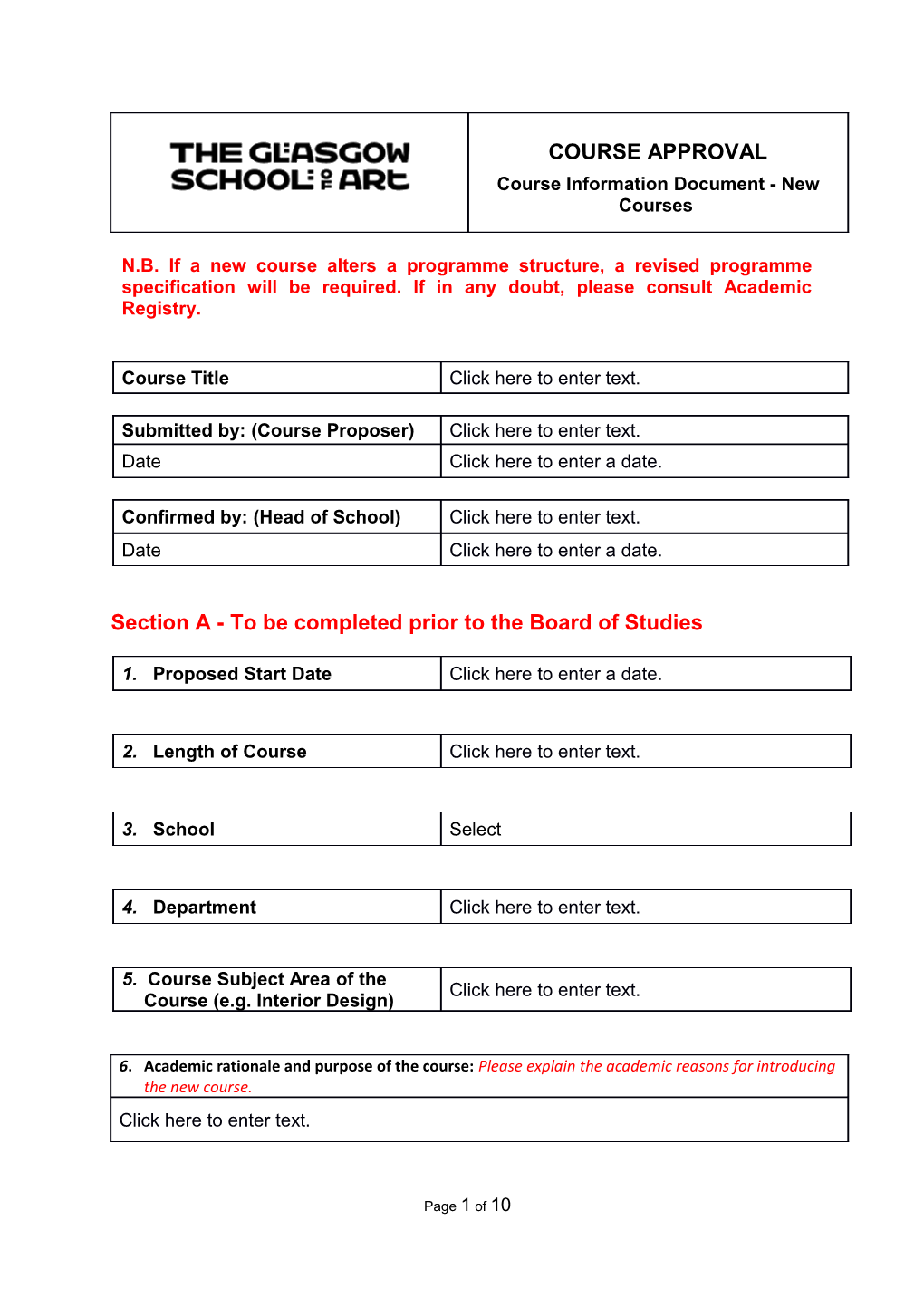 Section a - to Be Completed Prior to the Board of Studies