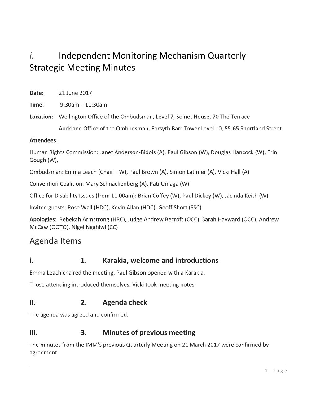 Independent Monitoring Mechanism Quarterly Strategic Meeting Minutes
