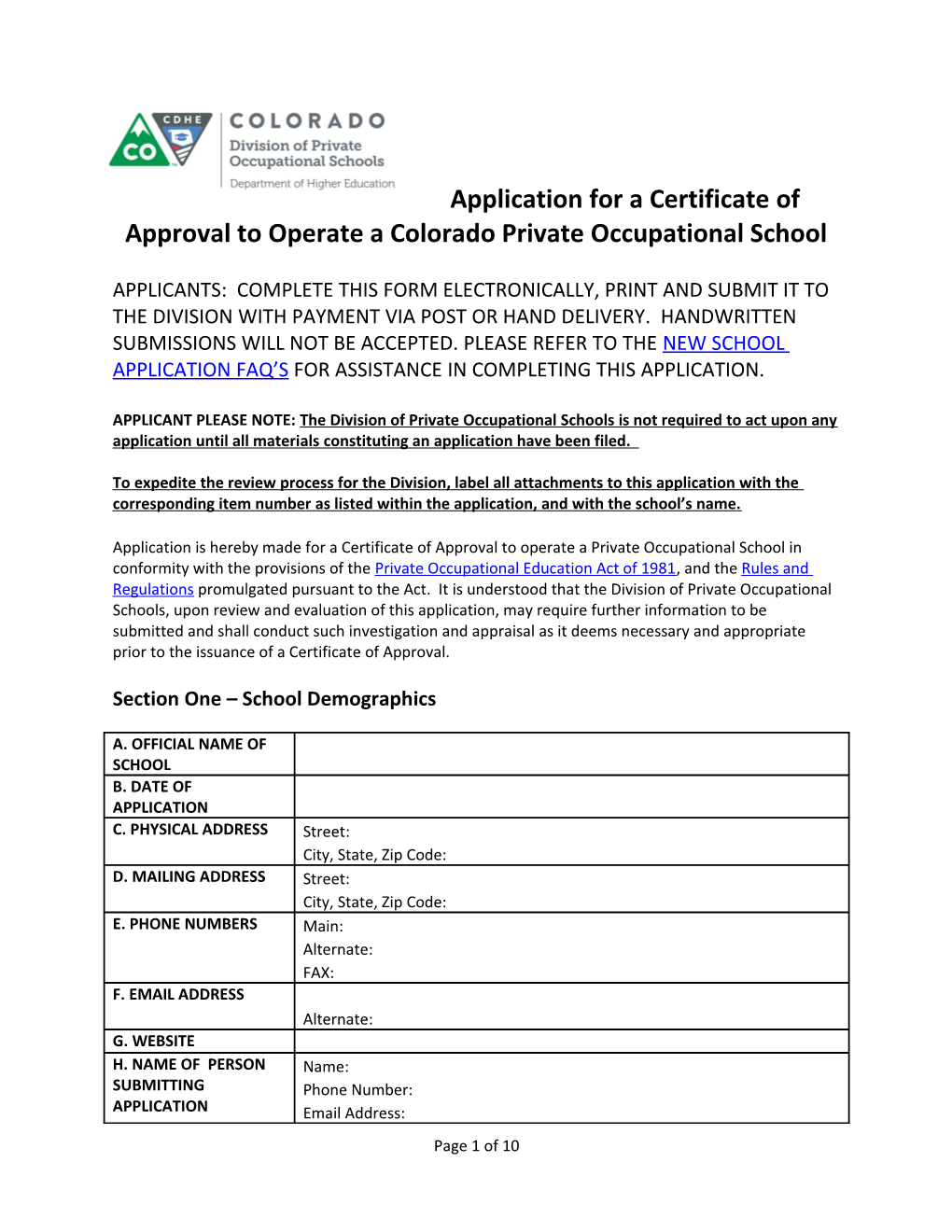 Application for a Certificate of Approval to Operate Acolorado Private Occupational School