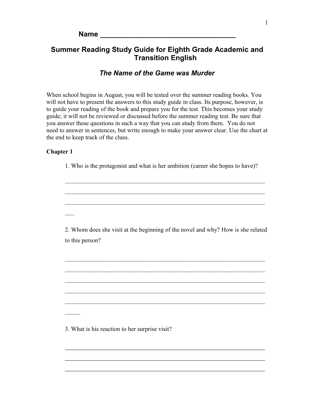 Summer Reading Study Guide for Eighth Grade Academic and Transition English