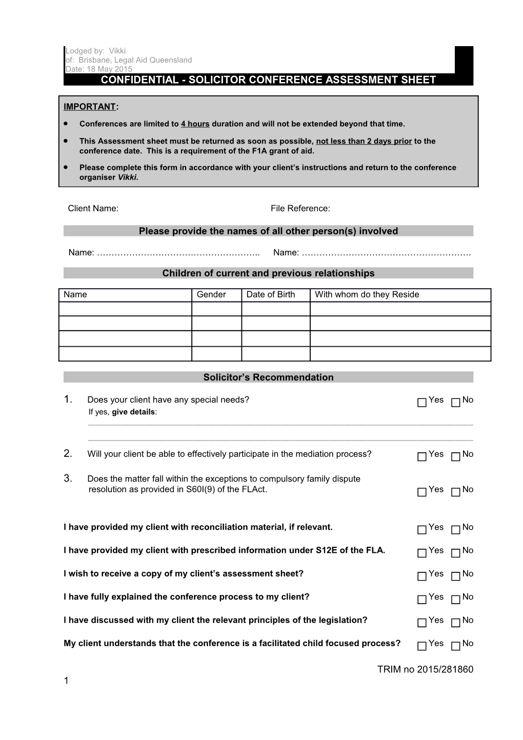 Confidential - Solicitor Conference Assessment Sheet