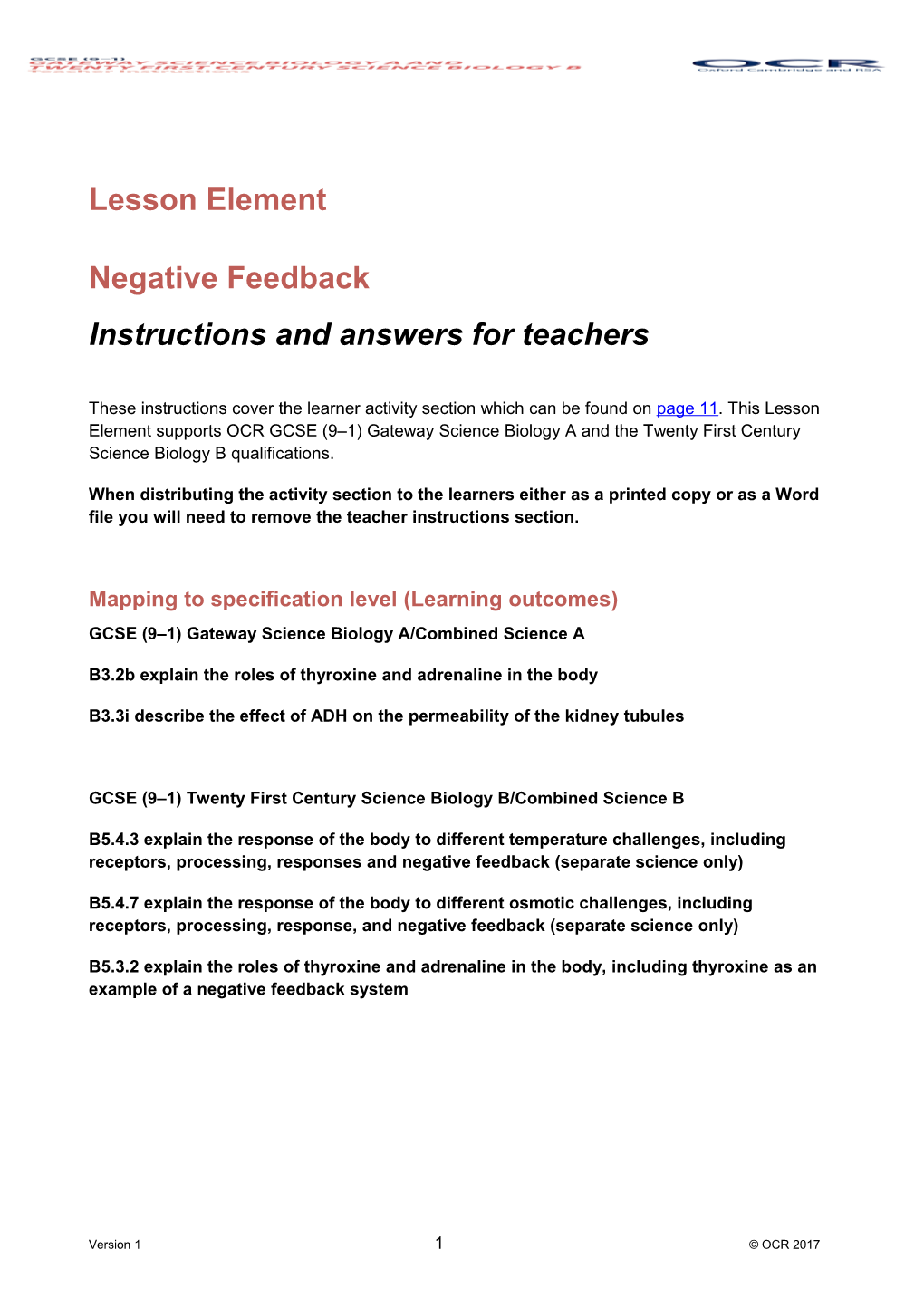 OCR GCSE (9-1) Biology Lesson Element Negative Feedback