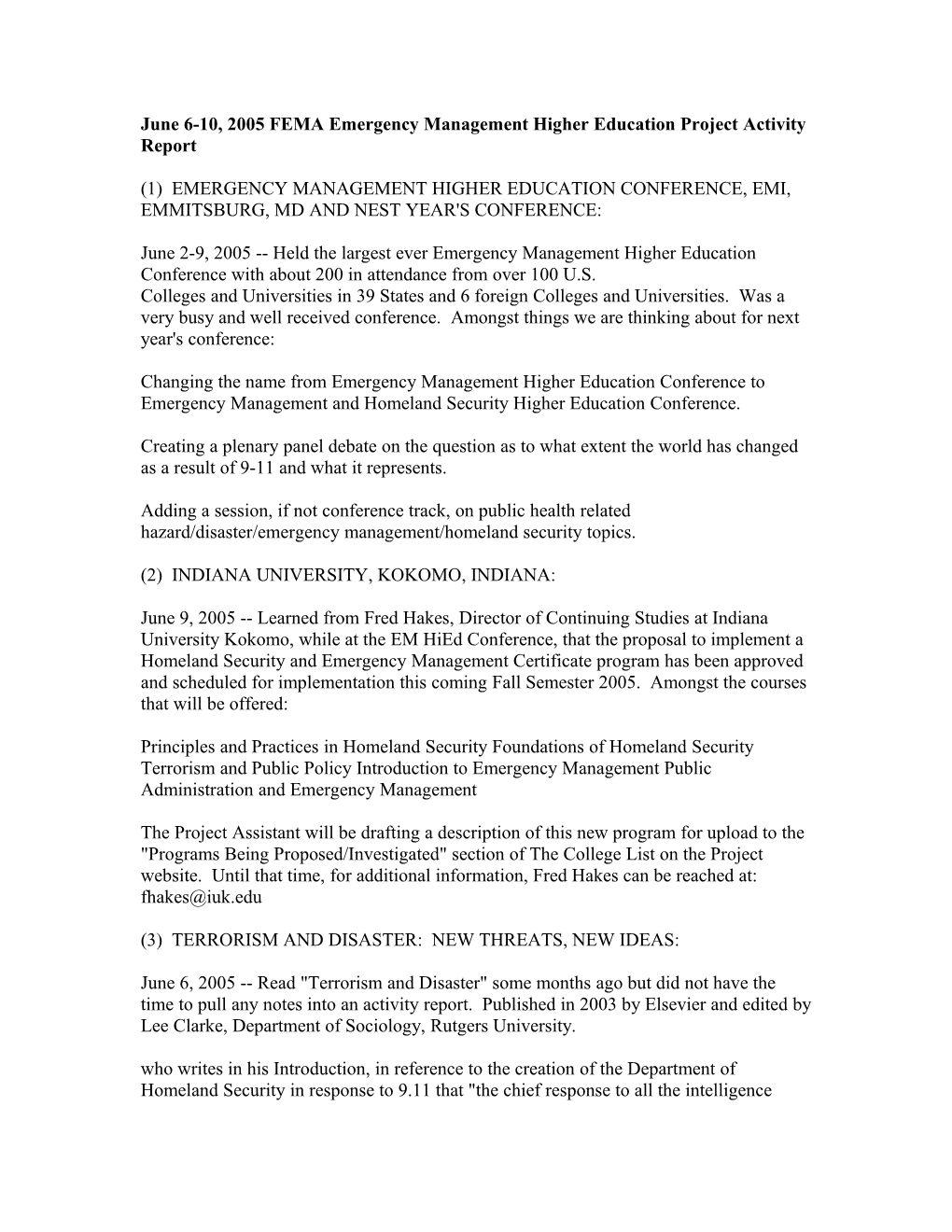 June 6-10, 2005 FEMA Emergency Management Higher Education Project Activity Report