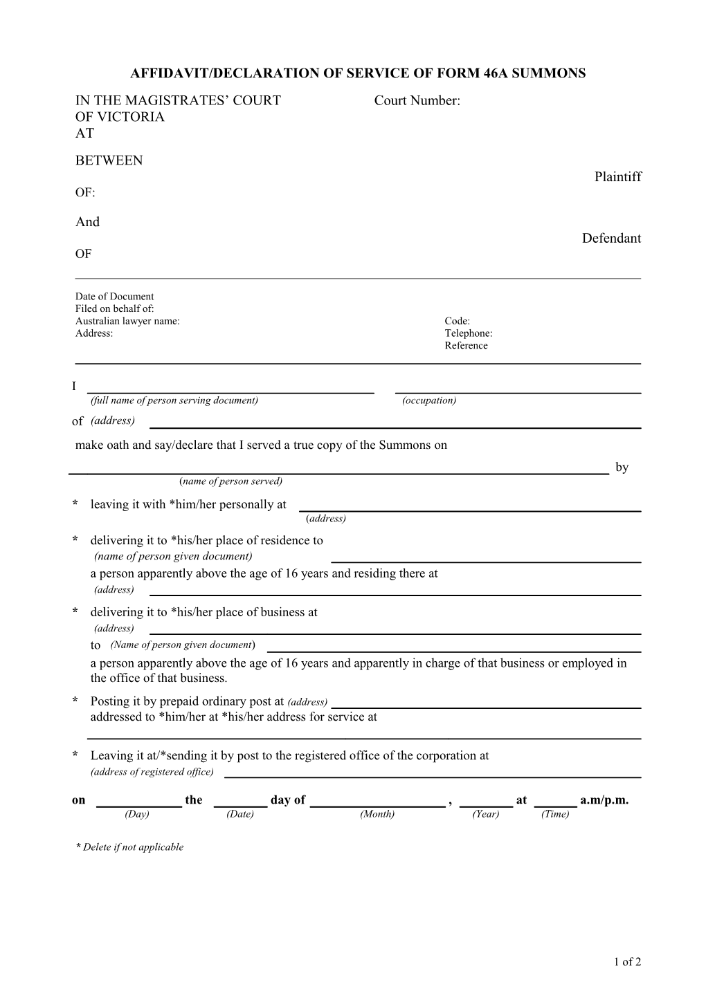 Affidavit of Service - Form 46A Summons (Word 72KB - 2 Pages)