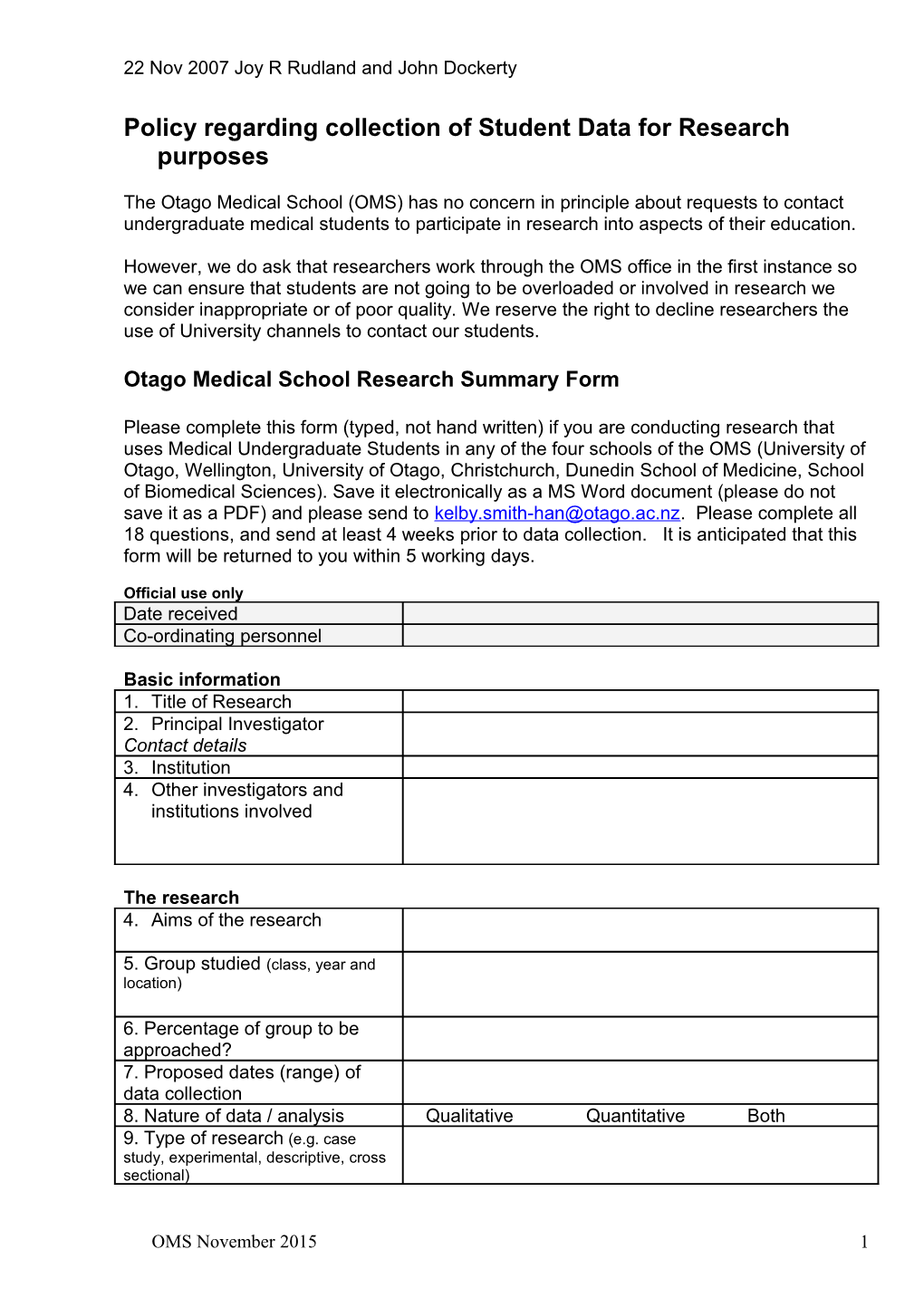 Policy Regarding Collection of Student Data for Research Purposes