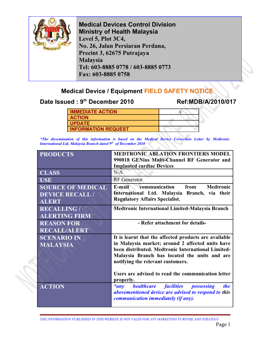 Medical Device / Equipmentfield SAFETY NOTICE
