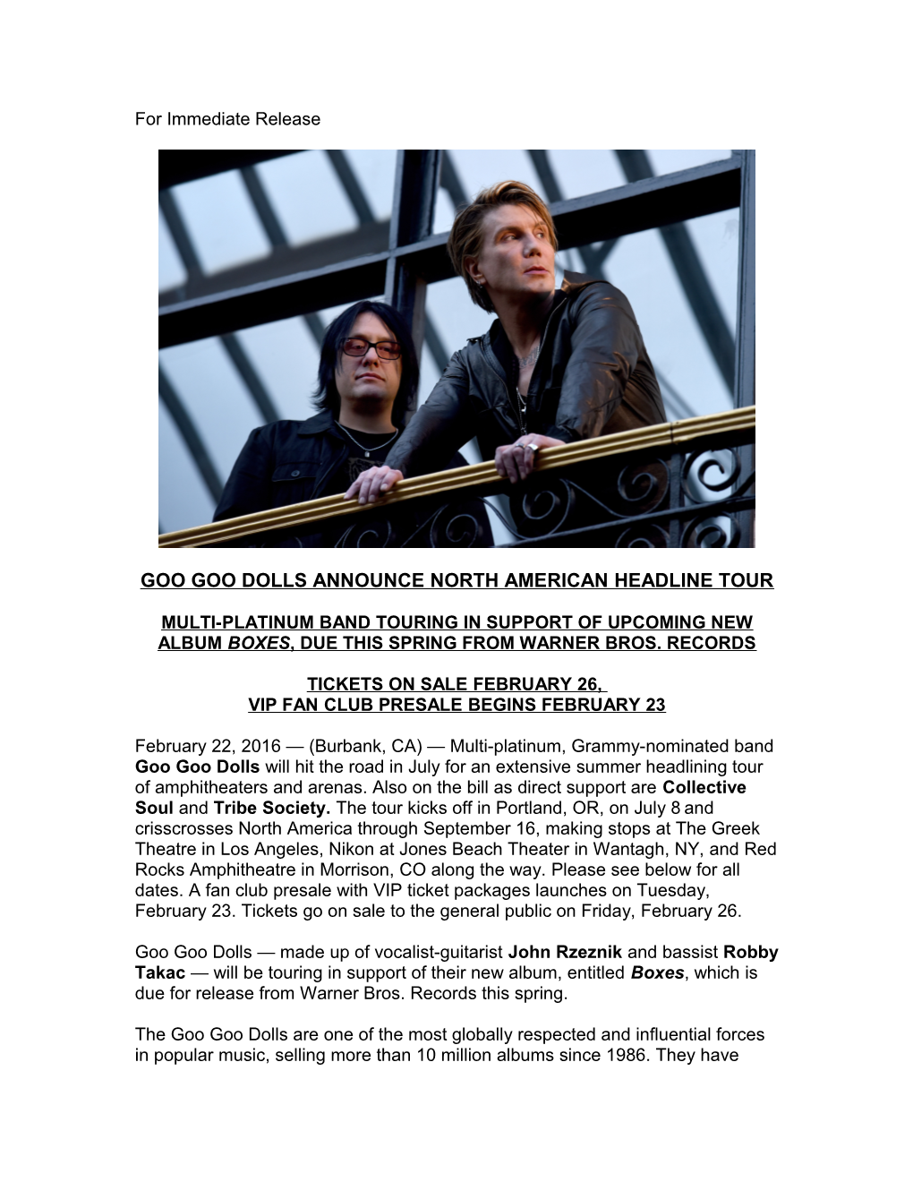Goo Goo Dolls Announce North American Headline Tour