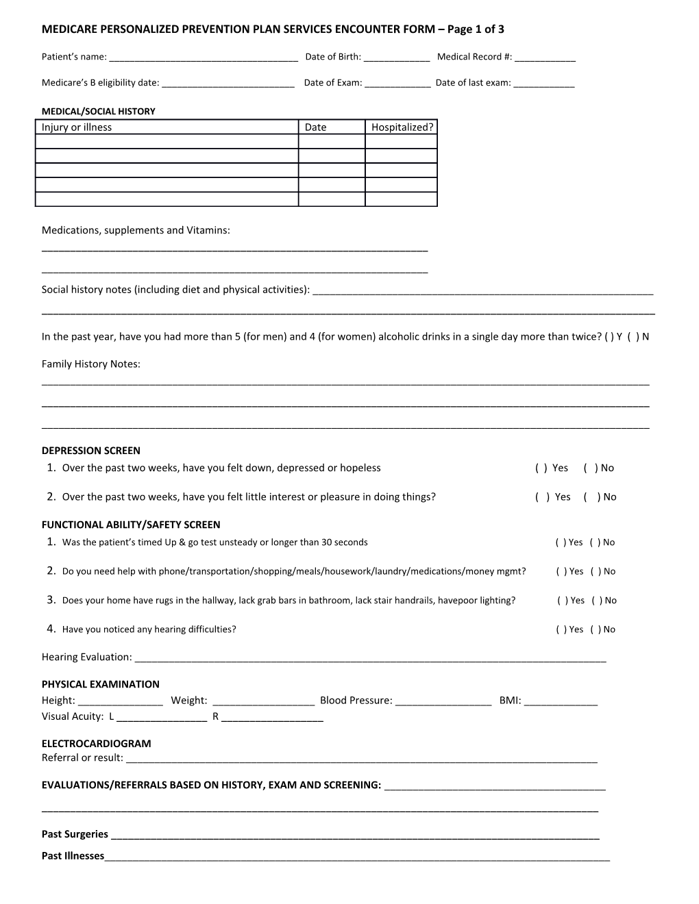 MEDICARE PERSONALIZED PREVENTION PLAN SERVICES ENCOUNTER FORM Page 1 of 3