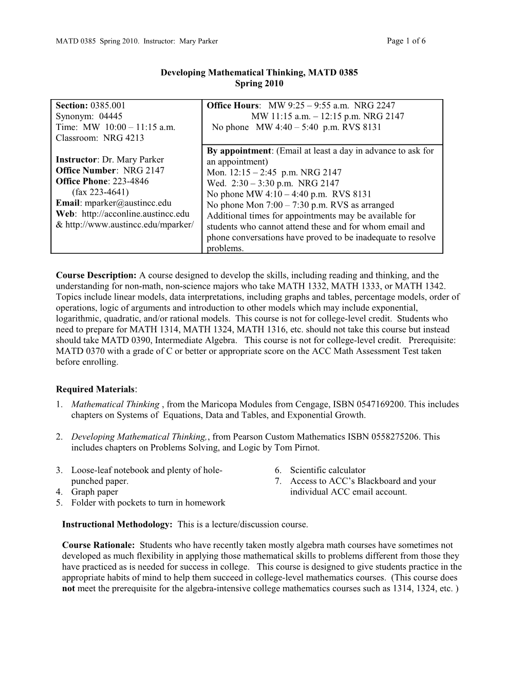 Developing Mathematical Thinking, MATD 0385