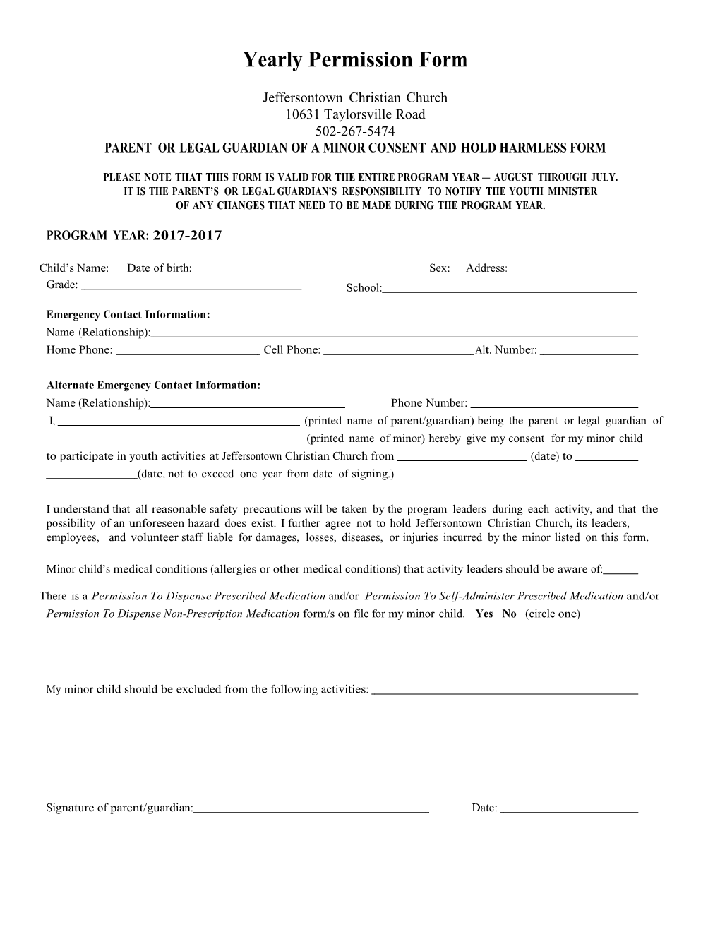 Yearly Permission Form