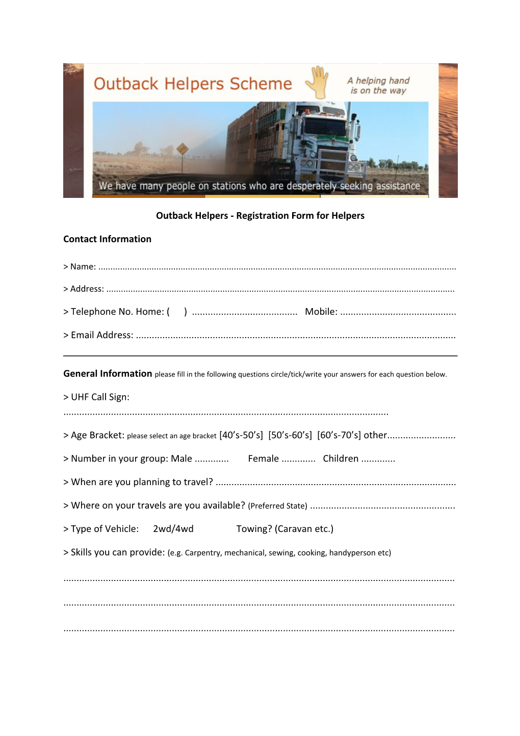 Outback Helpers - Registration Form for Helpers