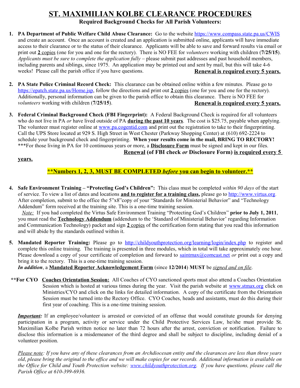 St. Maximilian Kolbe Clearance Procedures