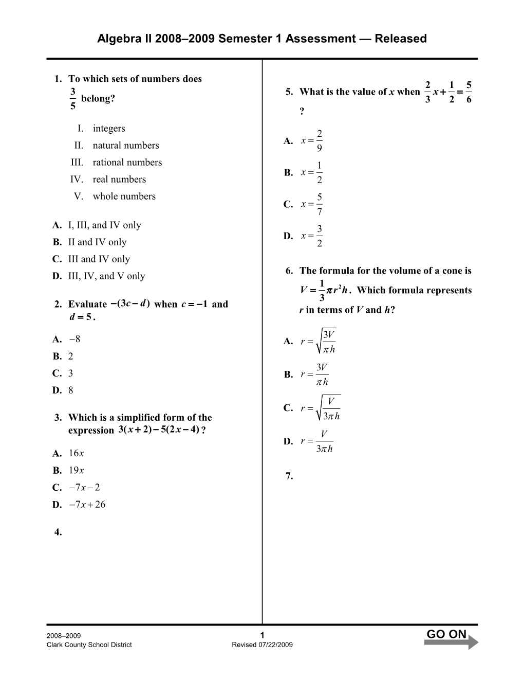 Algebra II 2008 2009 Semester 1 Assessment Released
