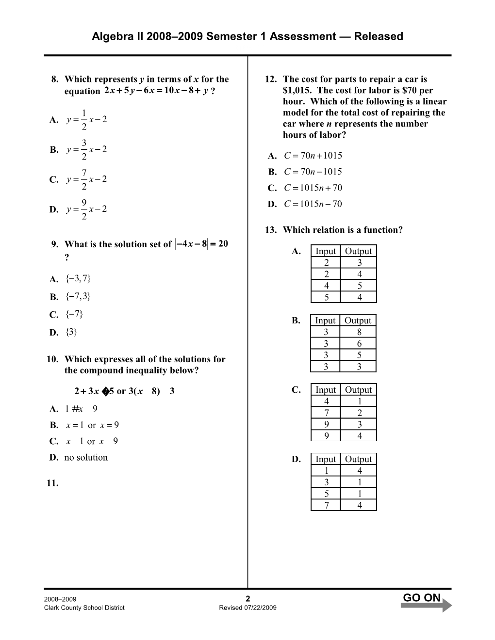 Algebra II 2008 2009 Semester 1 Assessment Released