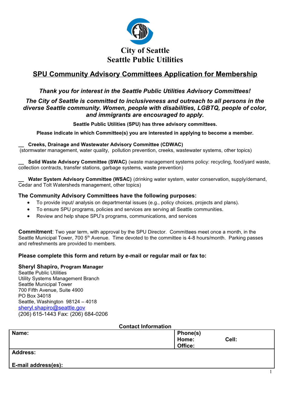 SPU Community Advisory Committees Application for Membership