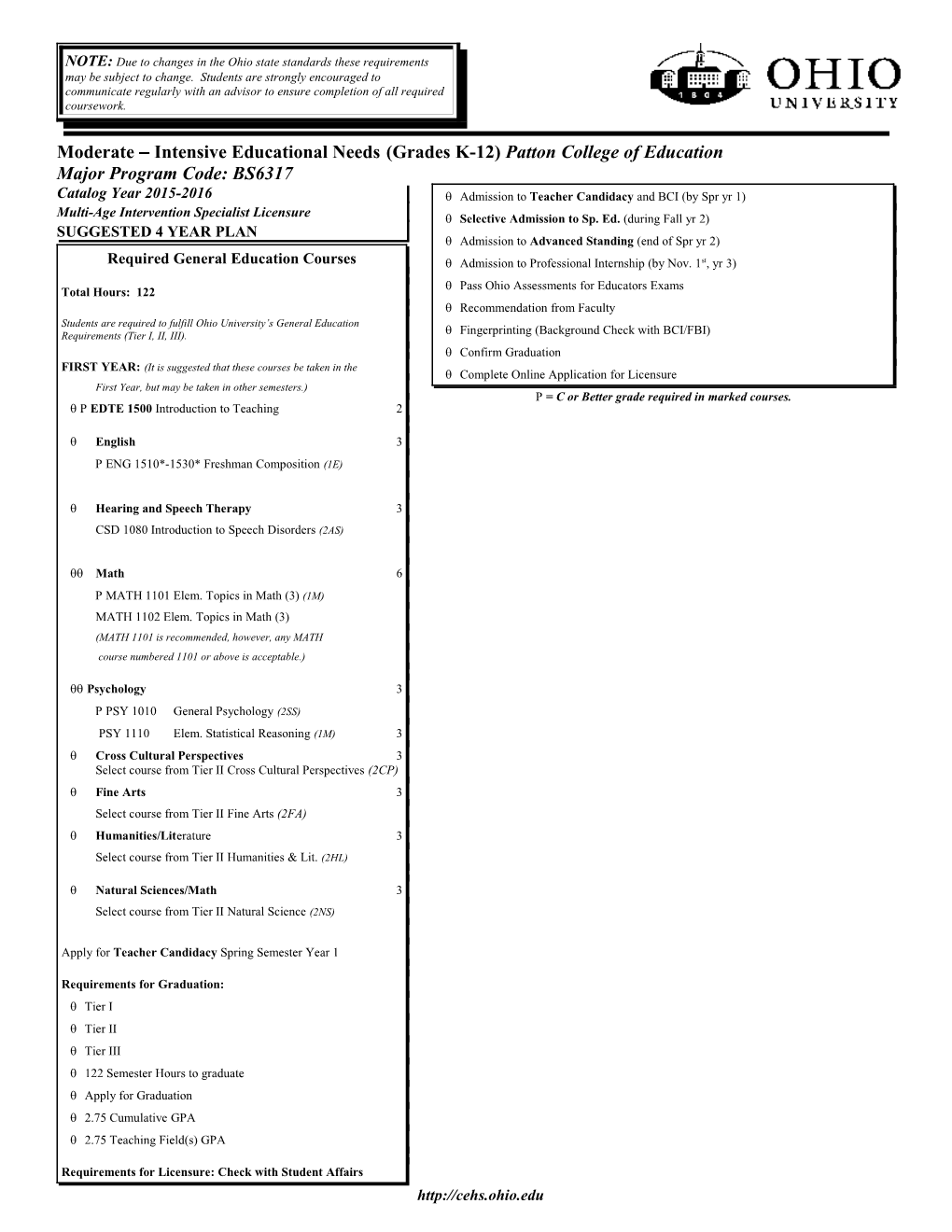 Moderate Intensive Educational Needs(Grades K-12) Patton College of Education