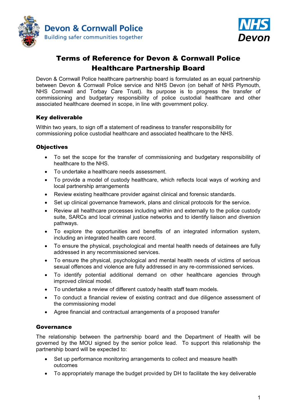 Terms of Reference for Devon & Cornwall Police Healthcare Partnership Board