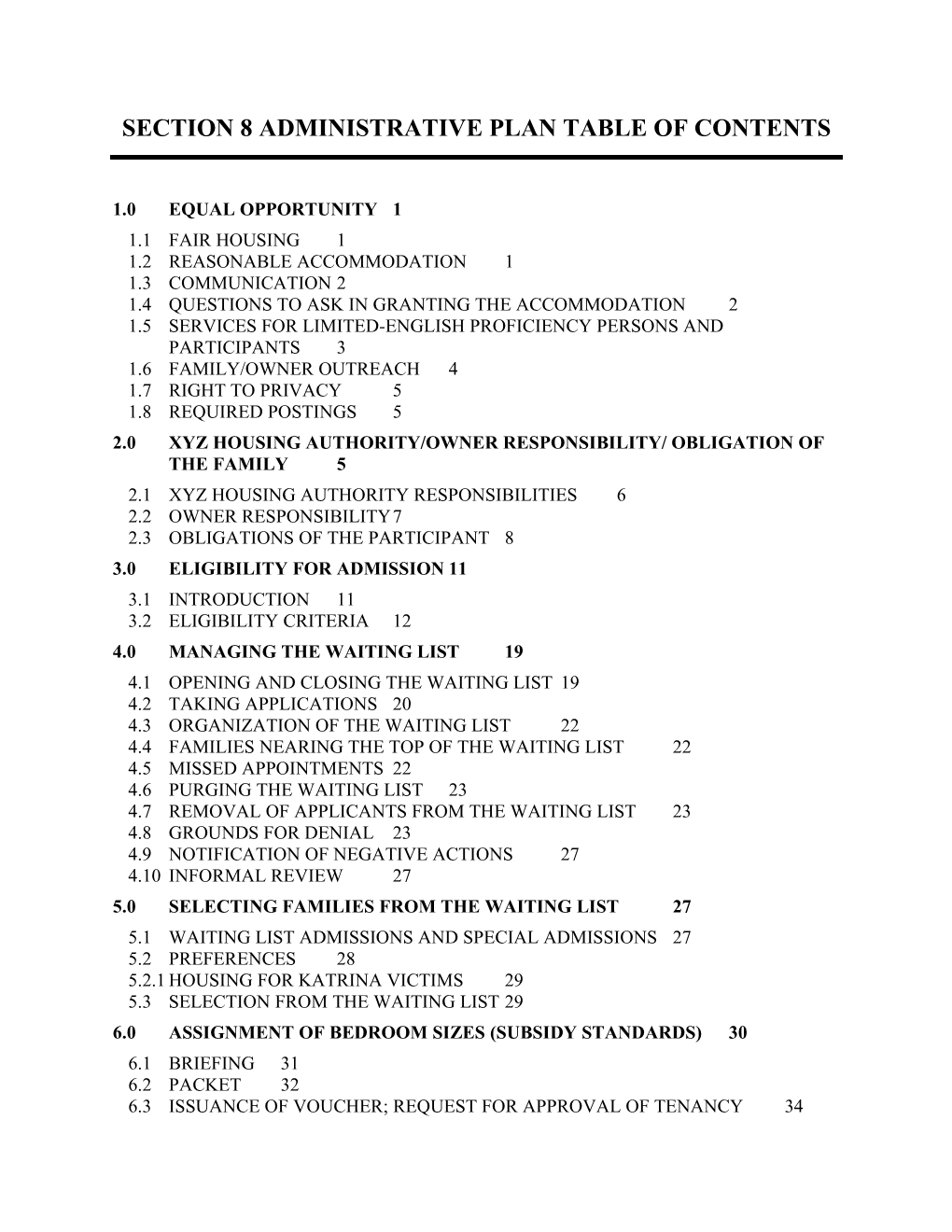 Section 8 Administrative Plan Table of Contents
